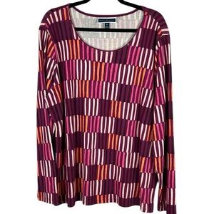 Karen Scott Casual Striped Geometric Cotton Blend Long Sleeve Top 1X Purple Pink